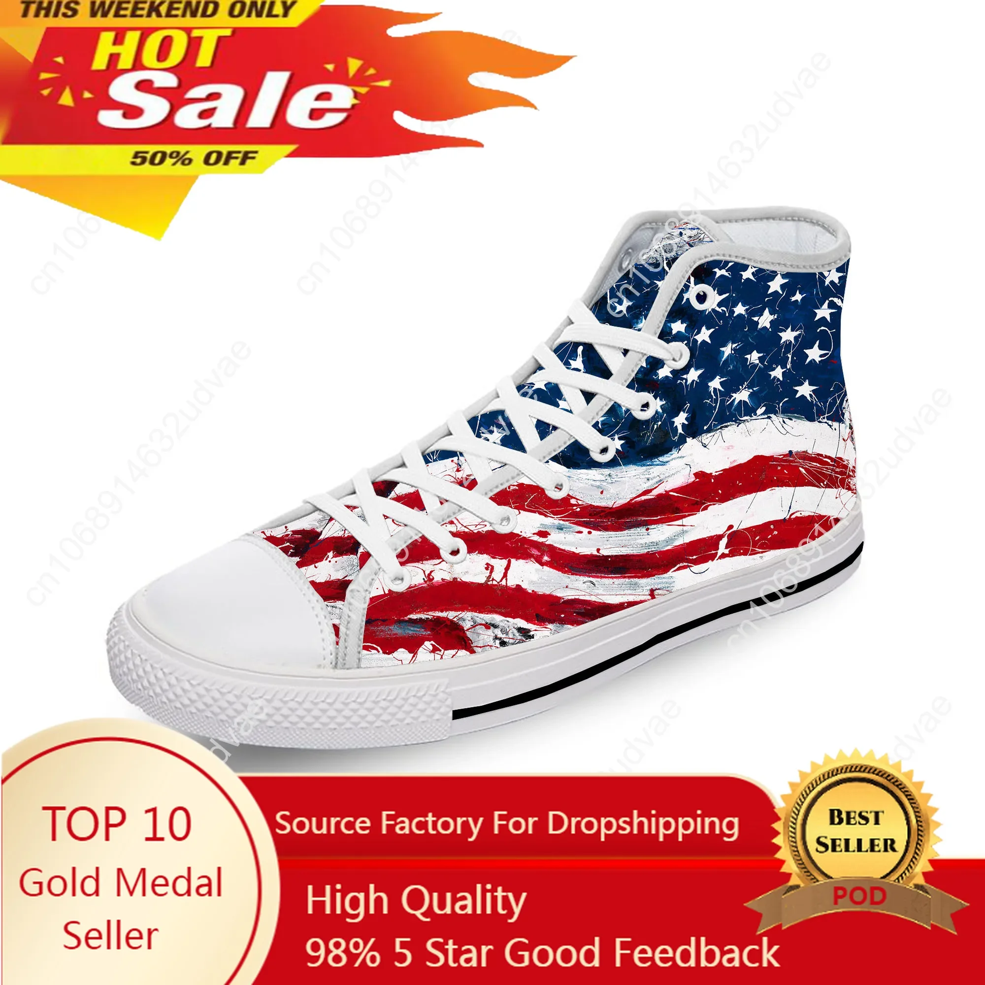 USA American Flag Stars Patriotic Lightweight Cloth 3D Print Fashion High Top Canvas Shoes Men Women Casual Breathable Sneakers