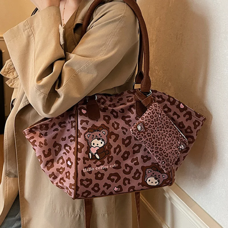 

Модная холщовая сумка с леопардовым принтом, милая креативная сумка в полоску с принтом щенка, большая вместительная сумка, повседневная универсальная сумка через плечо