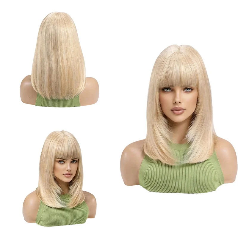 #613 Light Ash Blonde Bob Wig with Full Bangs Natural Looking Fluffy Wig For Black Women Heat Resistant Synthetic Daily Wig