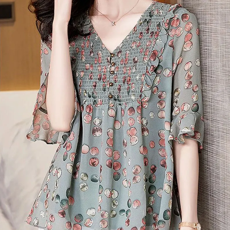 Female Clothing Sweet Loose Printed Shirt Summer 3/4 Sleeve Casual V-Neck Ruffles Spliced Commute Folds Button Chiffon Blouse