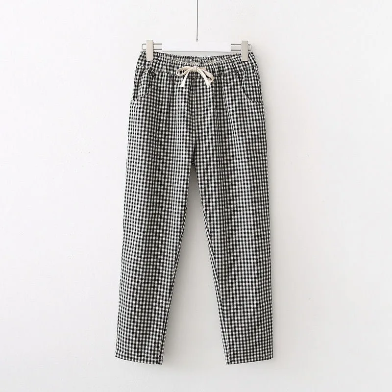 female Spring and Autumn summer Elastic waist Large size Straight barrel Ninth pants online celebrity Plaid pants Pajama pants