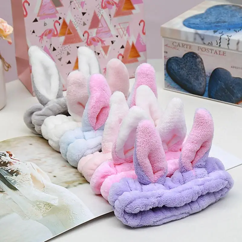 Gesichts wäsche Stirnbänder für Frauen Mädchen süße Hasen ohren Haar bänder Make-up Kopf wickel Korallen Fleece Spa Stirnbänder Haarschmuck – Detail 6