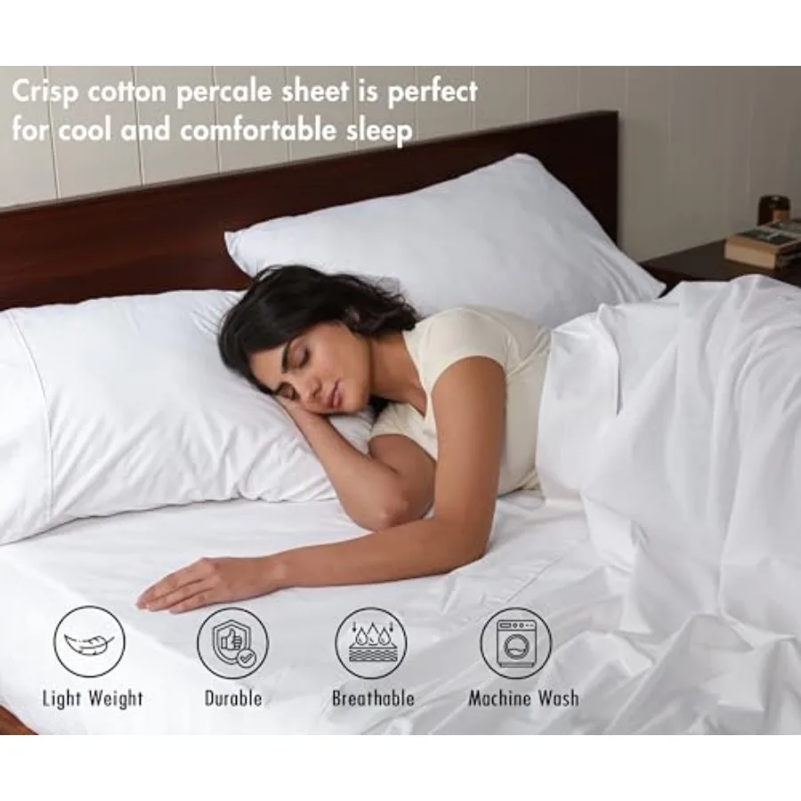 100% Cotton Percale Sheets Crisp Cooling Summer Bed Sheets for Hot Sleepers, Deep Pocket 14