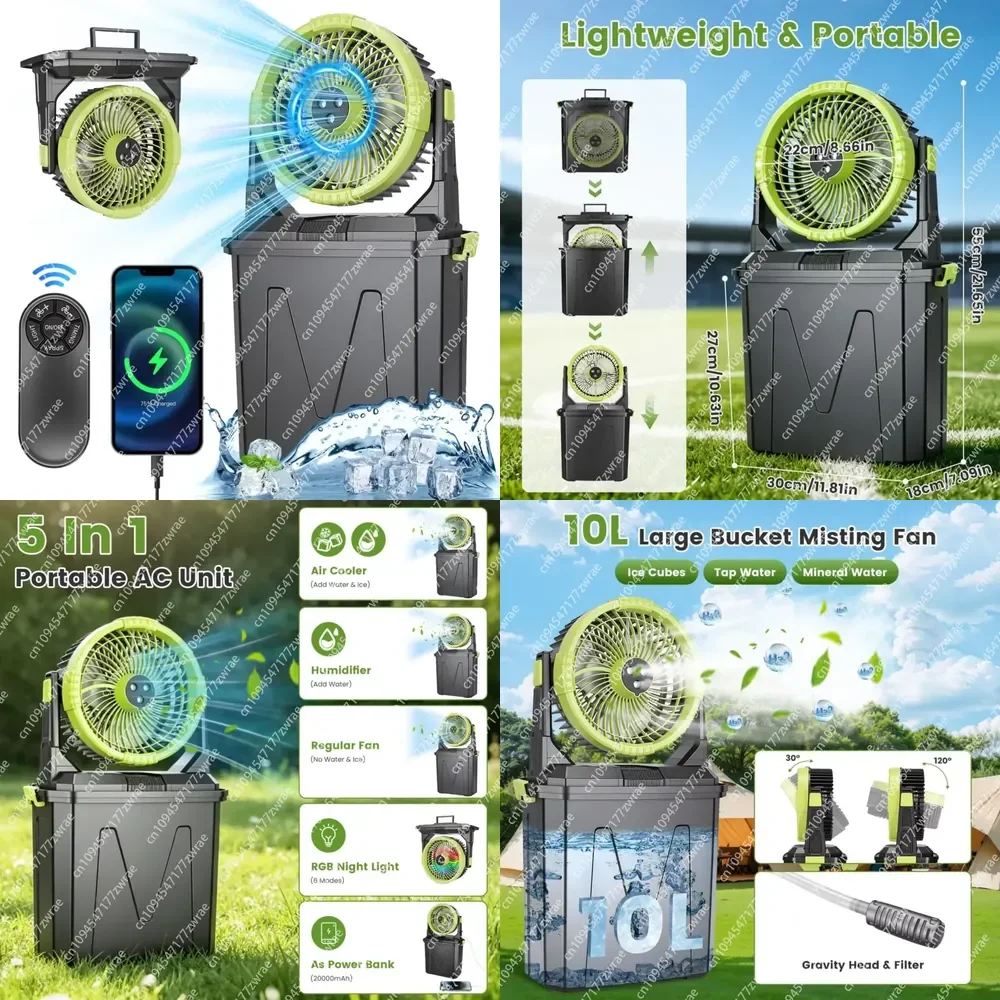 5 1/2 20000mAh 10L Bucket Portable Misting Fan Indoor/Outdoor Rechargeable Camping Cooling Fan Button Air Cooler Humidifier