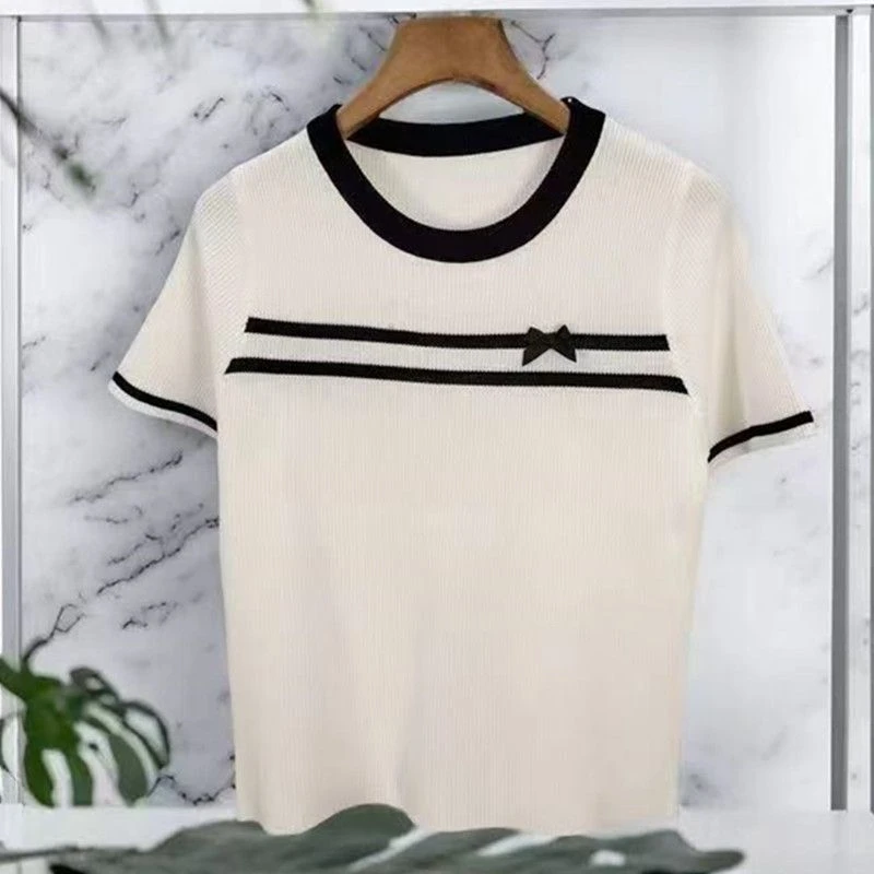 Verão feminino malha camiseta suéteres bowtie manga curta o-pescoço camisetas topos moda workwear elegante senhoras malhas jumpers 2025