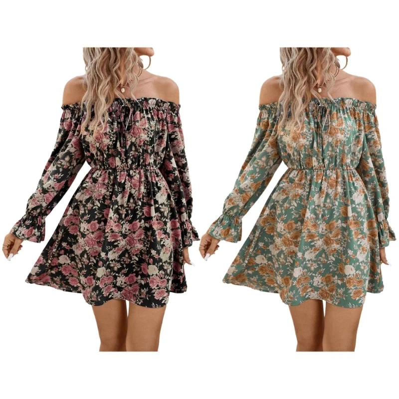 Vestido feminino com estampa floral boêmio vestido casual swing vestido férias manga comprida