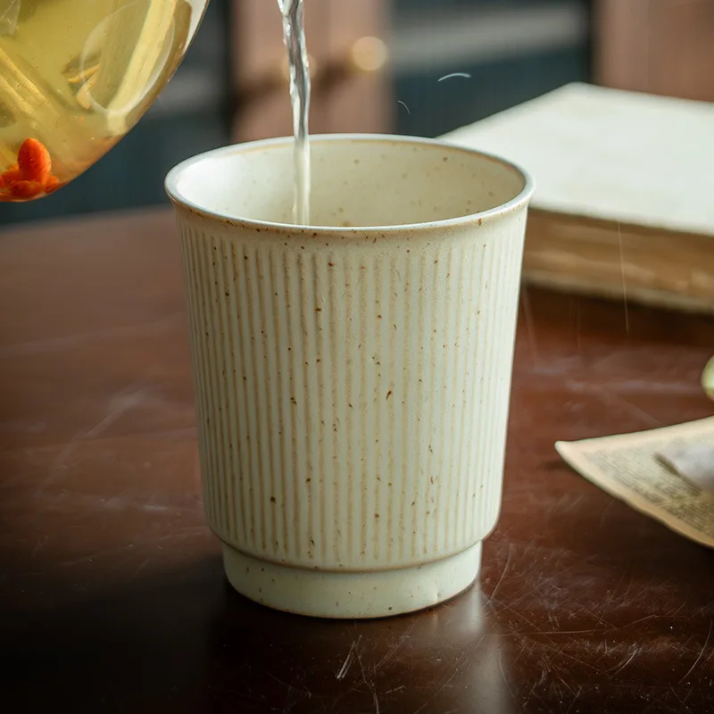 Embossed Vertical Stripes Handleless Ceramic Mug for Home Office Tea Coffee Wine Cup