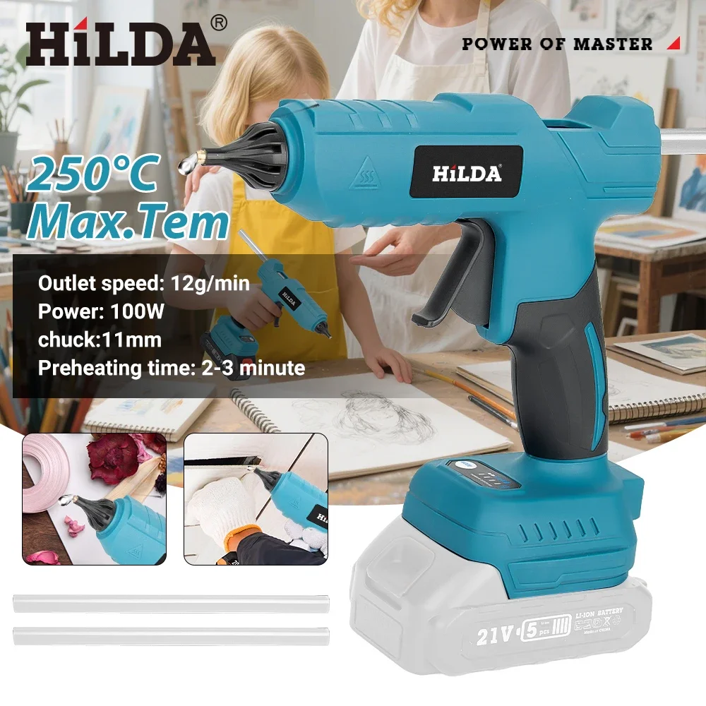 HILDA pistolet à colle thermofusible électrique avec buse de précision bâton de colle de 11 mm et colle sans fil de sécurité améliorée adaptée à la batterie Makita 18 V