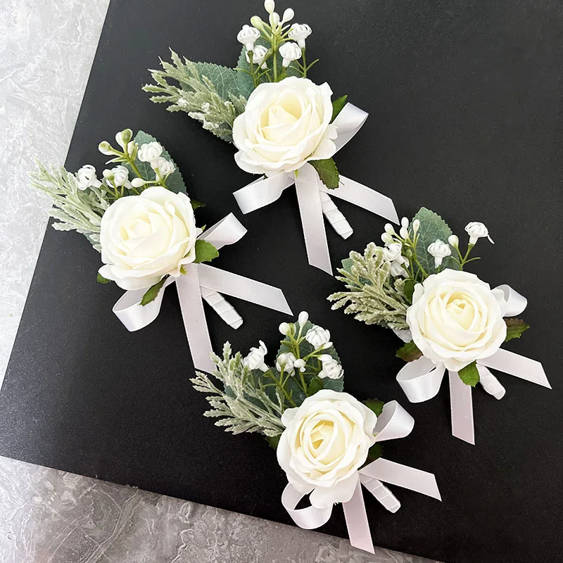 Boutonniere Wedding Accessories Groomsmen Buttonhole Flowers Groom Brooch White Silk Roses Artificial Corsage Pins Customizable