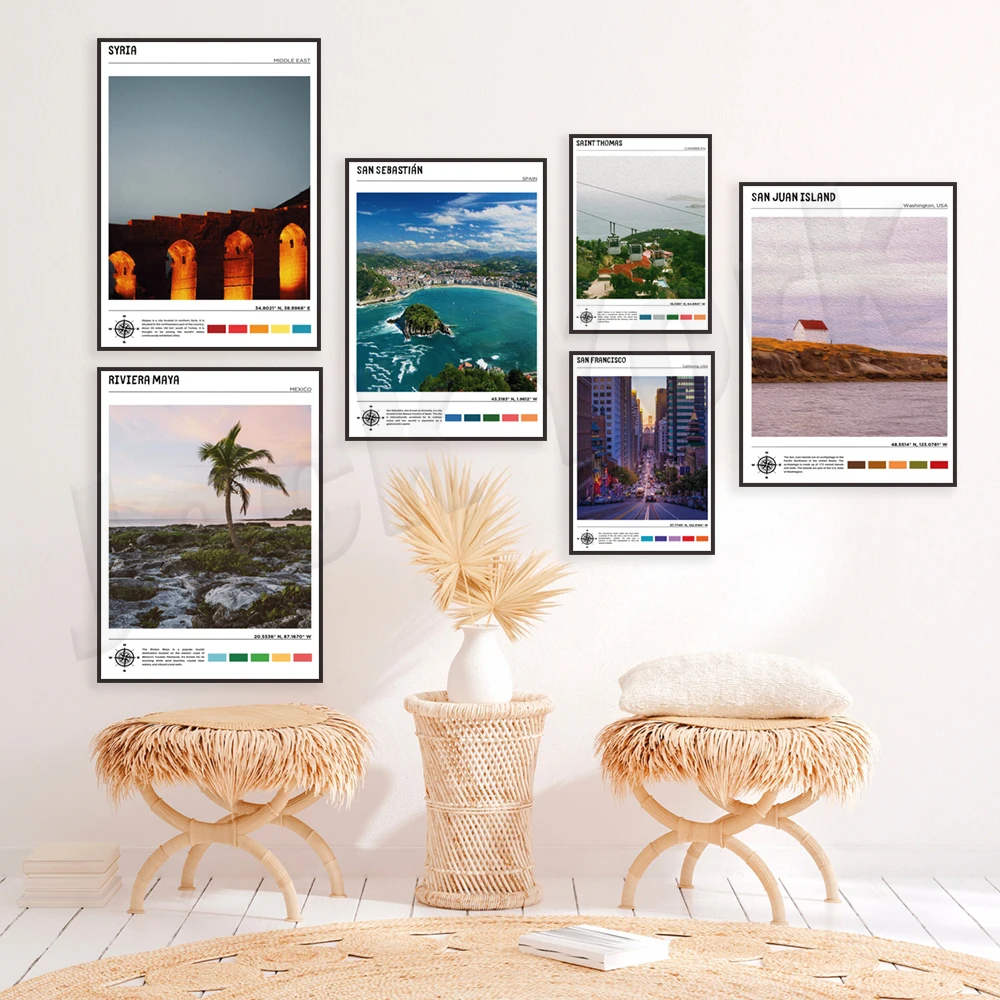 

Travel posters for San Sebastian, San Miguel, Saguaro Arizona, Damascus, Santo Tomas, Riviera Maya, Puerto Vallarta, Phoenix