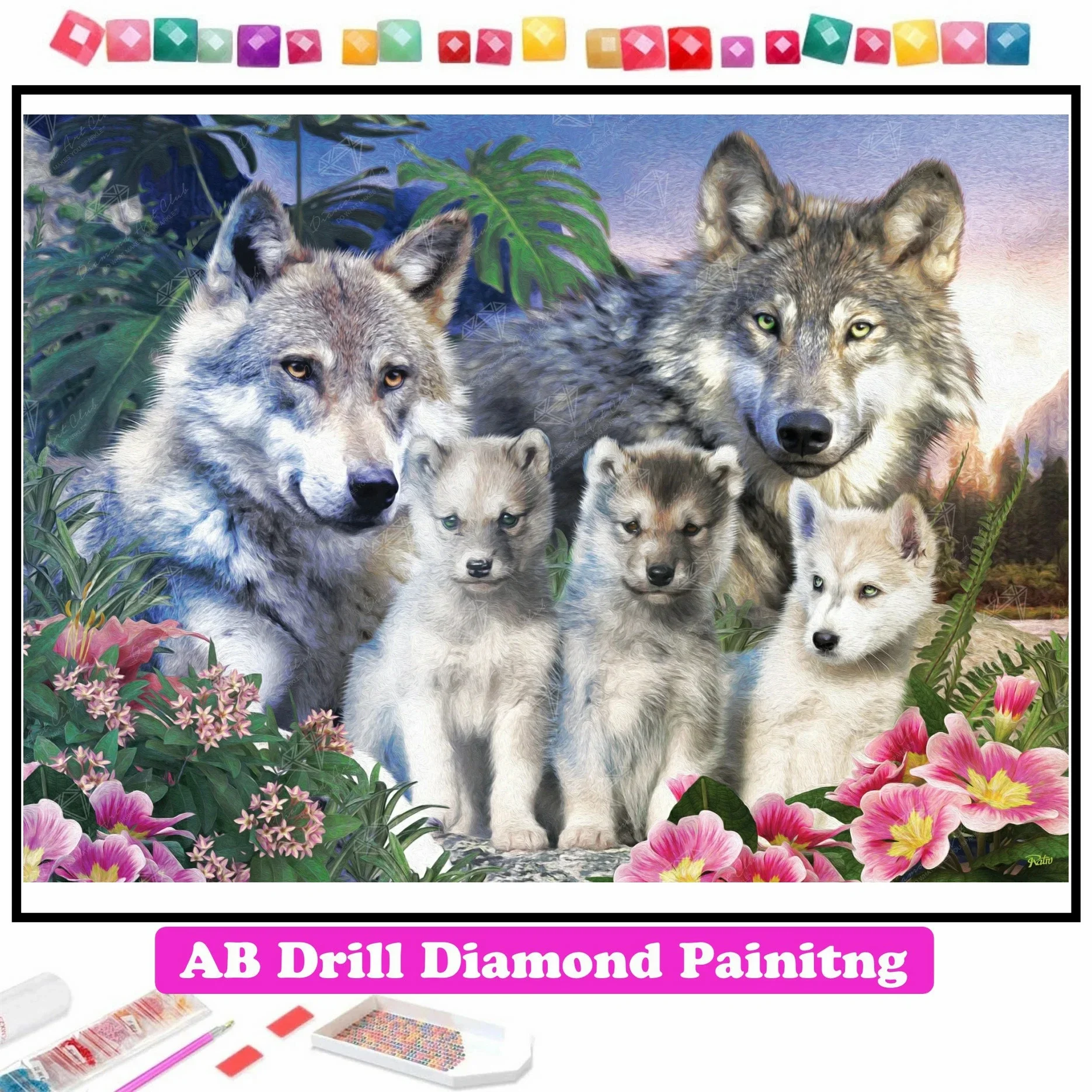 Wolf Family 5D DIY AB Drill Diamond Painting Mosaic Animal Art Embroidery Pictures of Rhinestones Cross Stitch Home Decor Gift