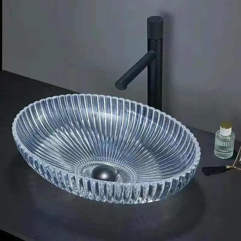 Stylish and simple style oval crystal wash basin striped glass table basin commercial household