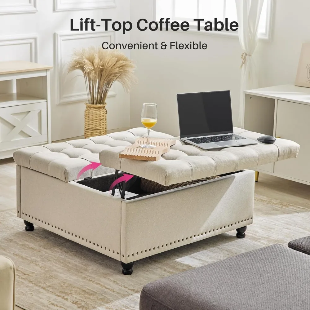 Redlife 35 Inch Large Square Storage Ottoman Bench, Storage Ottoman Coffee Table Large Square Ottoman with Storage Lift Top Tuft