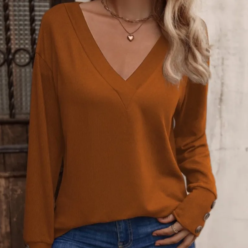 

Women's Spring Autumn V-Neck Solid Pullover Loose Button Lantern Long Sleeve T-shirt Fashion Casual Undershirt Vacation Tops