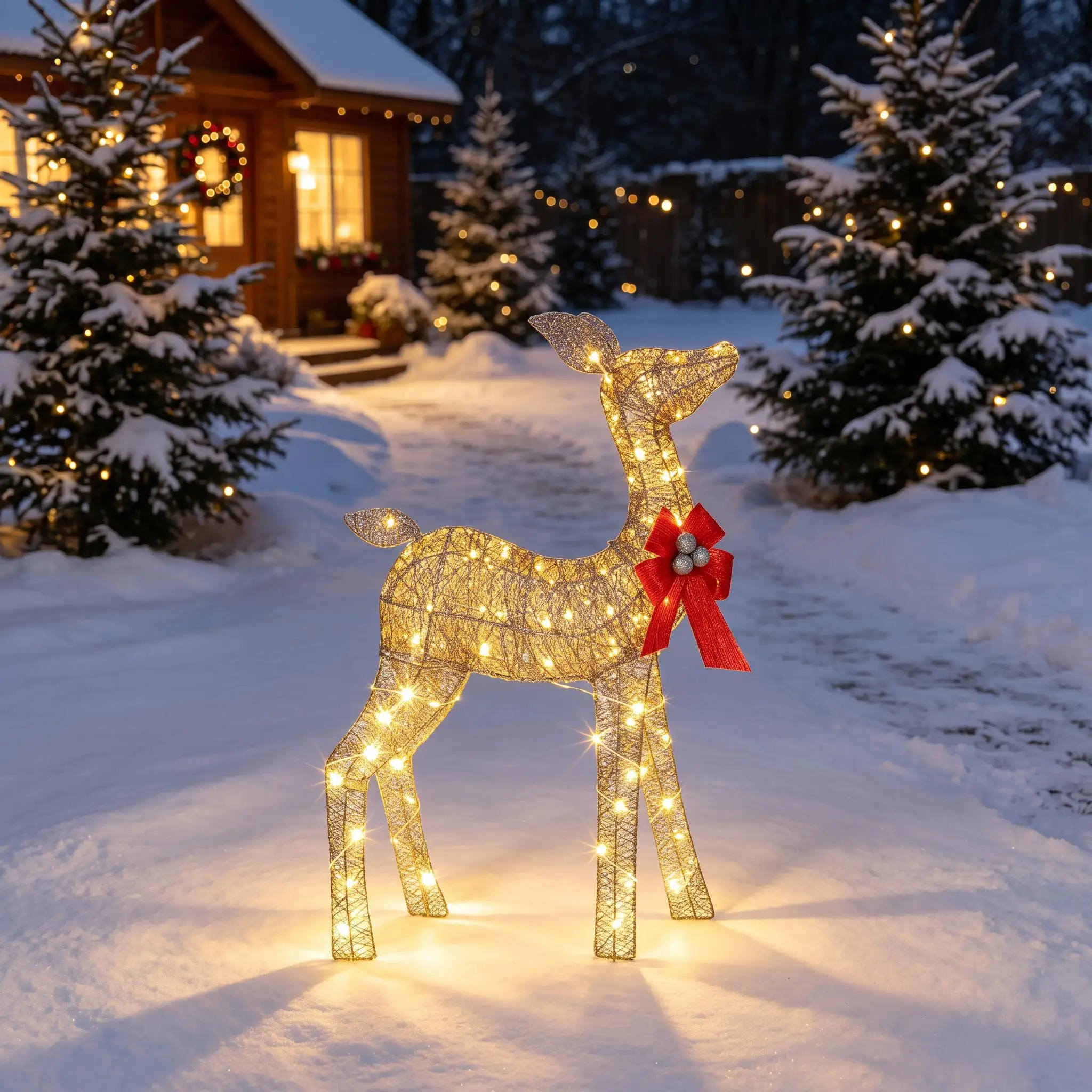3FT Lighted Christmas Reindeer Outdoor, 3D Gold Pre-Lit Deer with Warm White LED Lights & Red Bow for Yard Lawn Front Porch Garden
