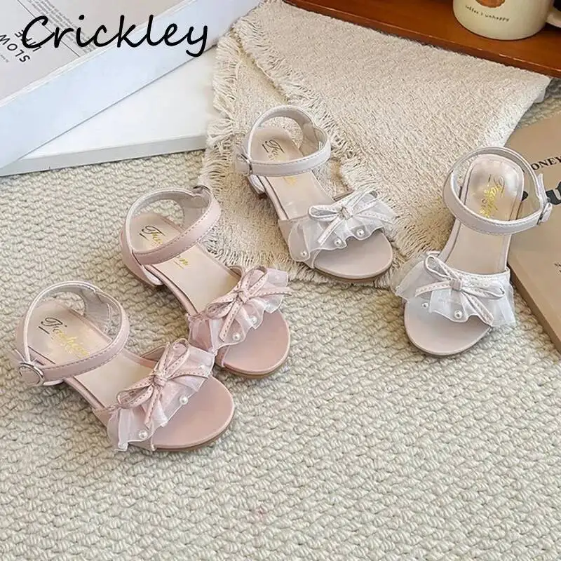 

Summer Lace Bow Girls Princess Sandals PU Leather Solid Children Fashion Party Shoes Low Heel Soft Non Slip Kids Sandals