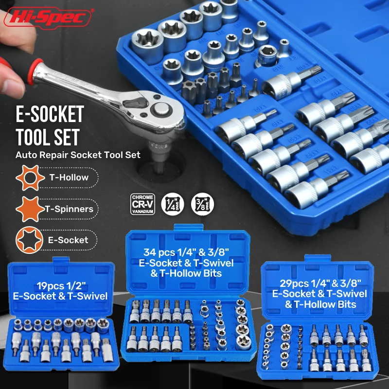 19/29/34Pc Torx Star Sockets & Bit Set with Hex Bits E-Security Bits Drive Handheld Tool Torque Star Socket Disassembly Tool