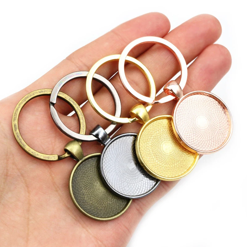 5pcs Keychain With Pendant Bezel Blank Fit 20 25 30mm Cameo Glass Cabochon Base Setting DIY Keychain Key Ring Supplies