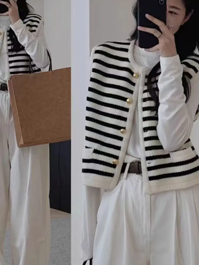 Gilet tricoté pour femmes, pull à capuche, ample, polyvalent, printemps automne, mode coréenne Sle Long, motif rond Ne rayé