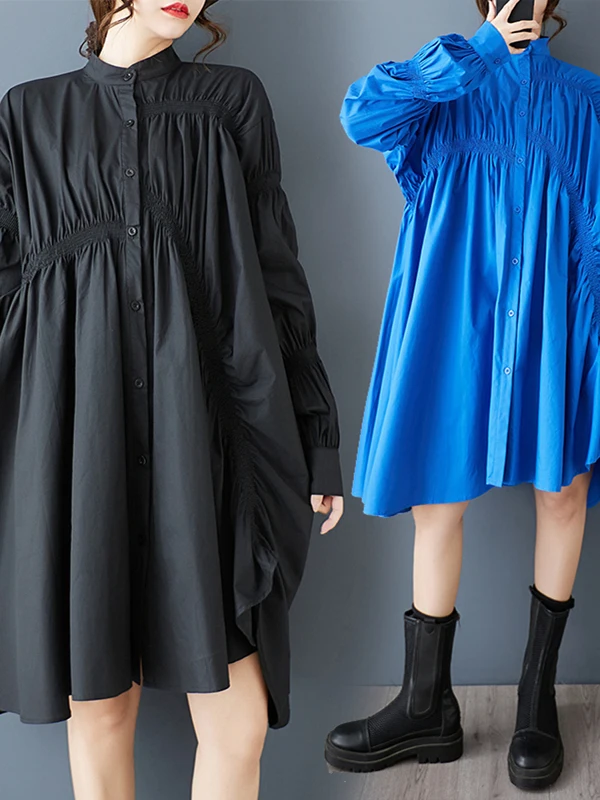 Loose Women's Bubble Sleeve Drawstring Dress Fashionable Asymmetrical Shirt Dress Korean Style Pure Color Commute Spring