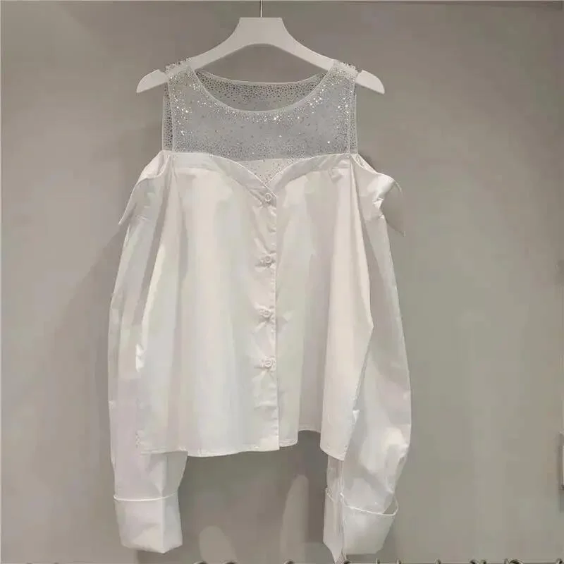 

2026 Spring Autumn Sweet O Neck Off The Shoulder Mesh Patchwork Collar Fake Two-Piece Shirt Blouse Loose Fashion Tops A2LE