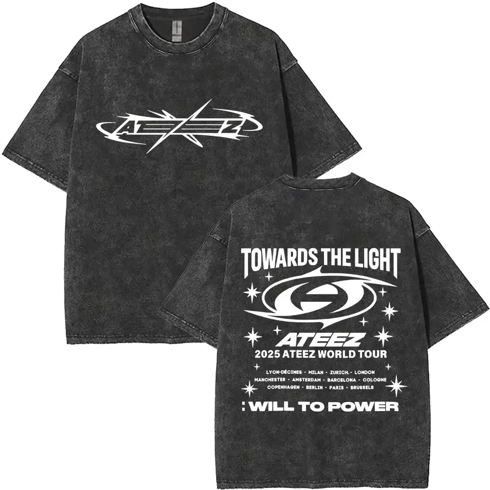 Custom Limited Korean Kpop ATEEZ Washed Vintage T-shirt 2025 World Tour Towards The Light Will To Power T Shirt Men Women Cotton