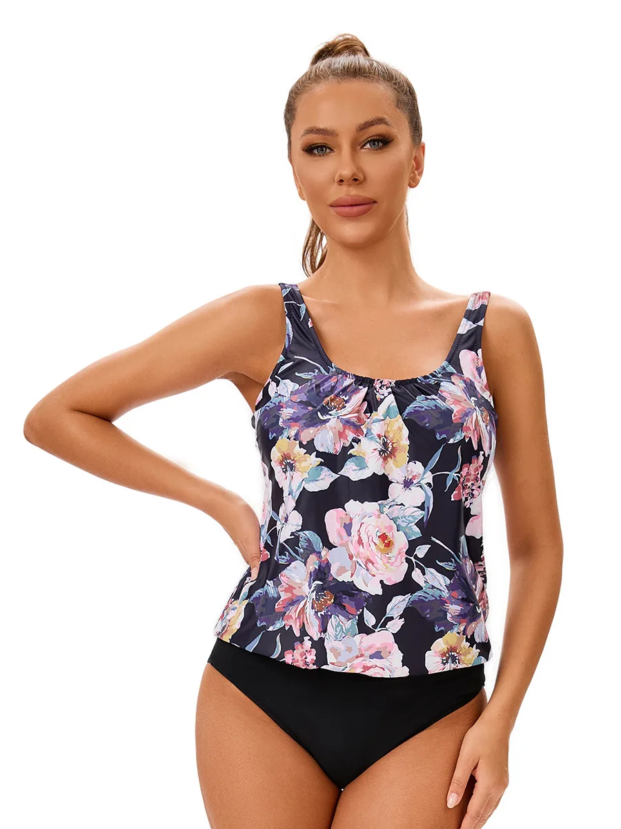 Tankini con estampado de flores para mujer, chaleco deportivo de 2 piezas, traje de baño con cuello en U, Bikini conservador con protección solar, Monokini, novedad de verano 2025, estilo