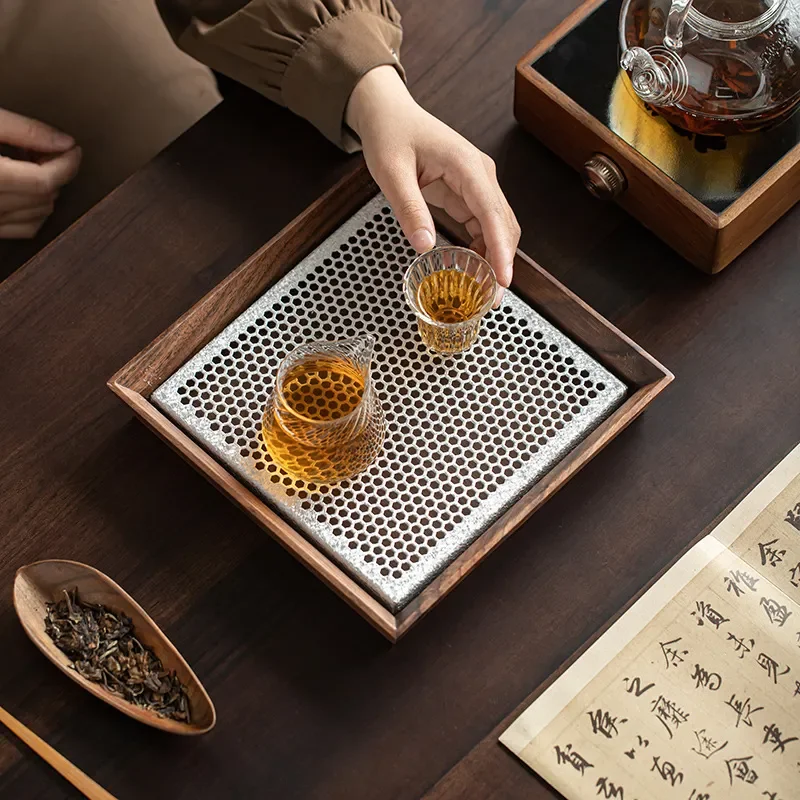 Light luxury high-end tea tray covered with titanium walnut tea tray solid wood drain dry brewing tea table small water