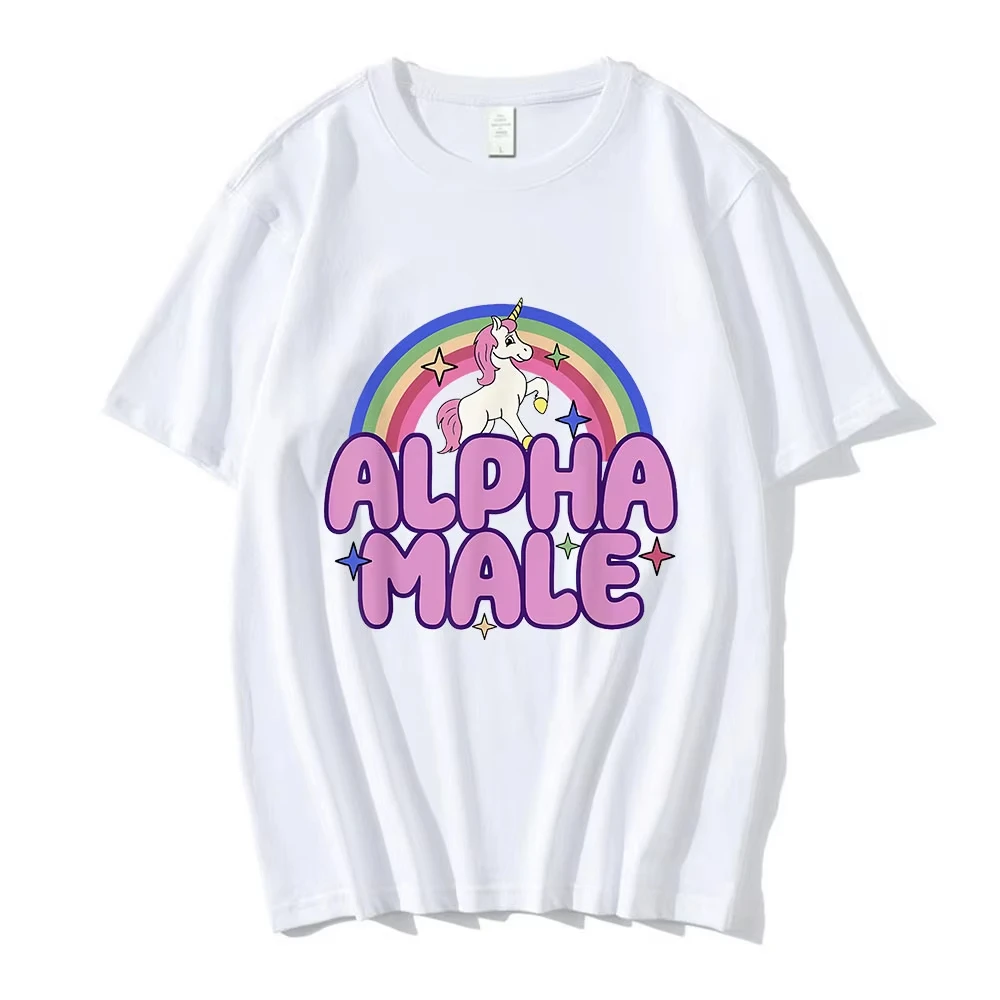 Alpha Male Unicorn Rainbow Funny Graphic T-shirt Men's Women Fashion Short Sleeve T-shirts 100% Cotton Casual Oversized T Shirts