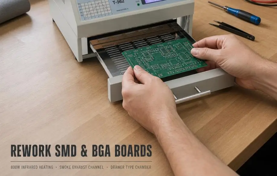 Macchina per saldatura a rifusione T-962 con canale di aspirazione fumi, riscaldatore a infrarossi da 800 W per la riparazione di circuiti stampati SMD, BGA e PCB.
