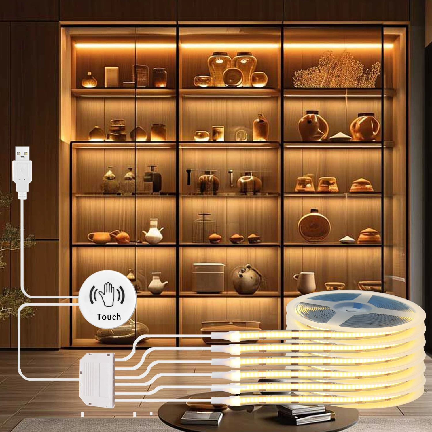 COB Led Strip Light USB 5V Dimmable Touch Sensor Led Strip Lights for Kitchen Cabinets, Wardrobes, Shoe Racks, Showcase Lighting