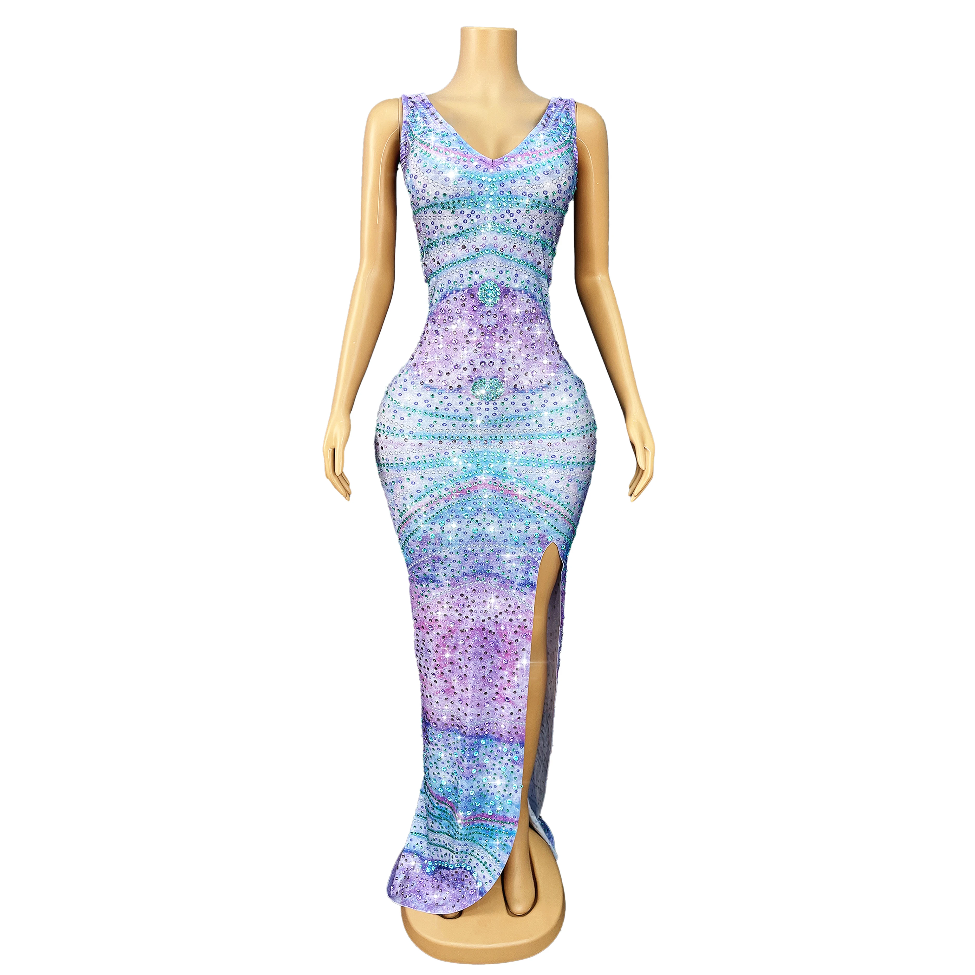 Graceful Blue Purple Gradient Shining Rhinstones High split V-neck Dress Party Celebtare Evening Gown Red carpet Outfit Lanzi