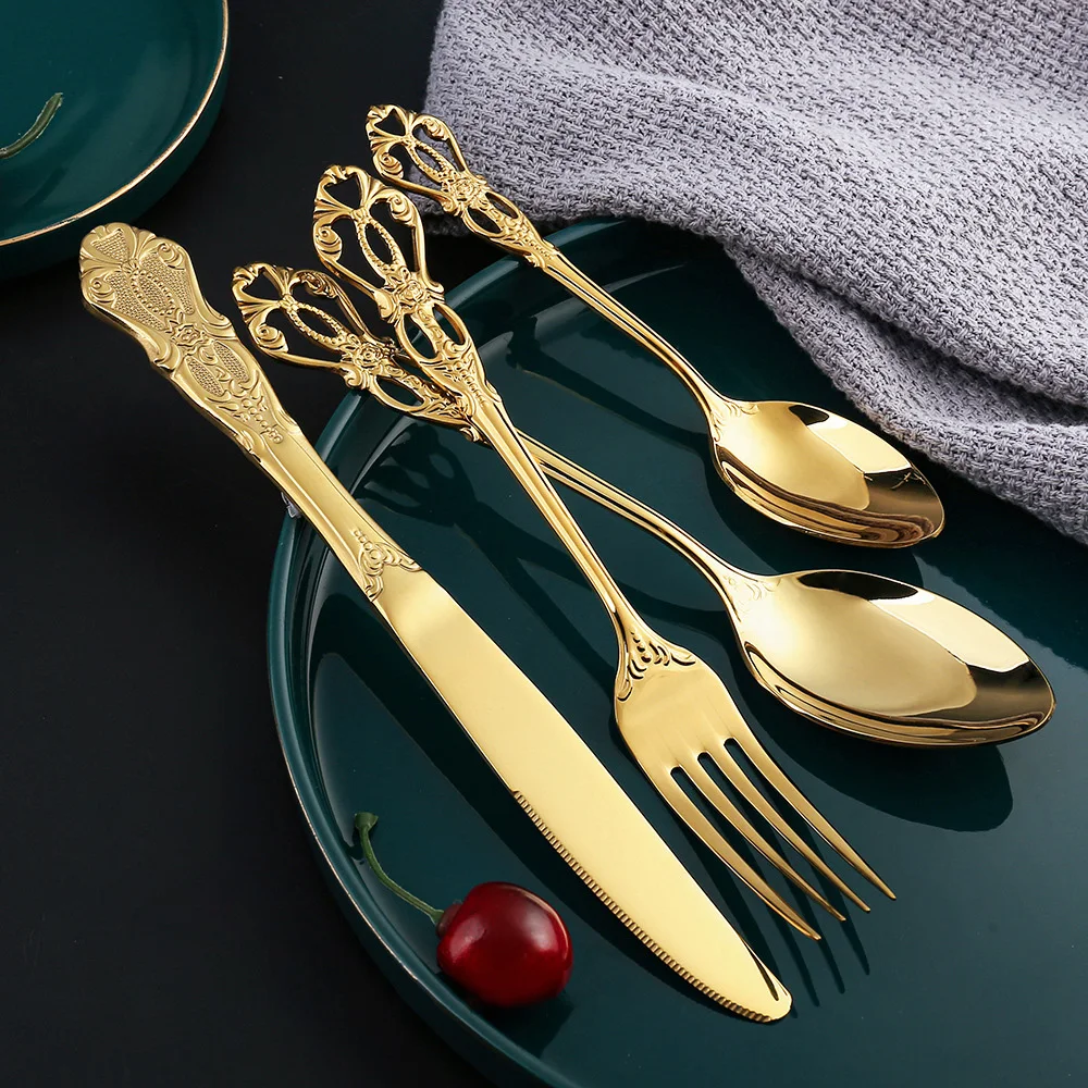 

4/6/8pcs European Luxury Stainless Steel Cutlery Set Gold Silver Color Tableware Spoon Fork Knife Set Dinnerware Set Cubiertos