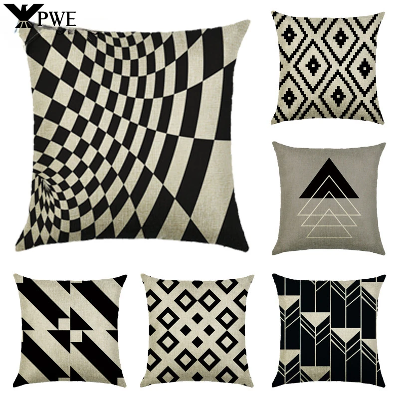 

Black and White Abstract Geometry Linen Pillowcase Home Sofa Decorative Cushion Cover 45*45cm