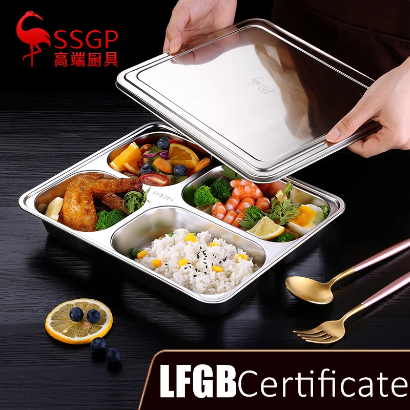 LFGB Certificate 304 Stainless Steel Canteen Meal Box Well Polished Stronger 4cm Deepth 4 and 5 Grids Dinning Plate With Cover