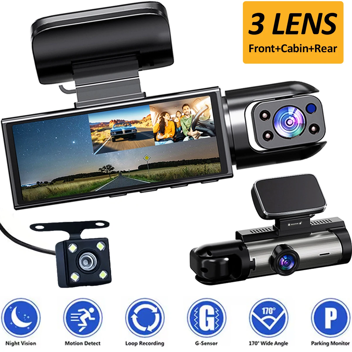 1080P Dashcam für Auto mit 2/3 Linsenoptionen, Vorder- und Rückfahrkamera sowie Innenraumüberwachung und Fahrrekorder – Detail 2