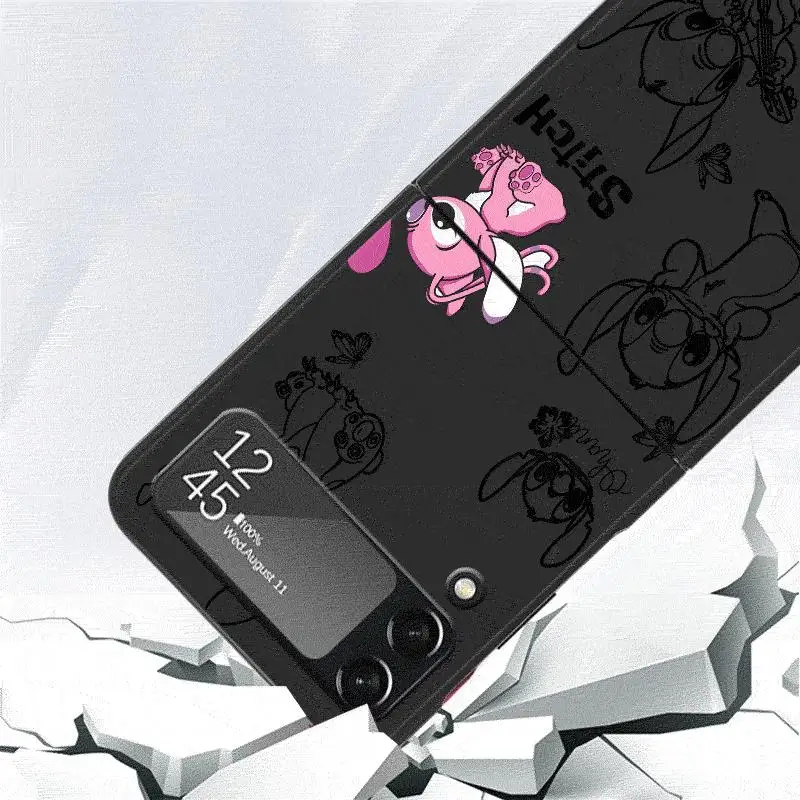 Disney Stitch Case for Samsung Galaxy Z Flip 4 3 5 5G Flip Shockproof Capa 6.7 Inches Black Hard PC ZFlip 4 Phone Cover