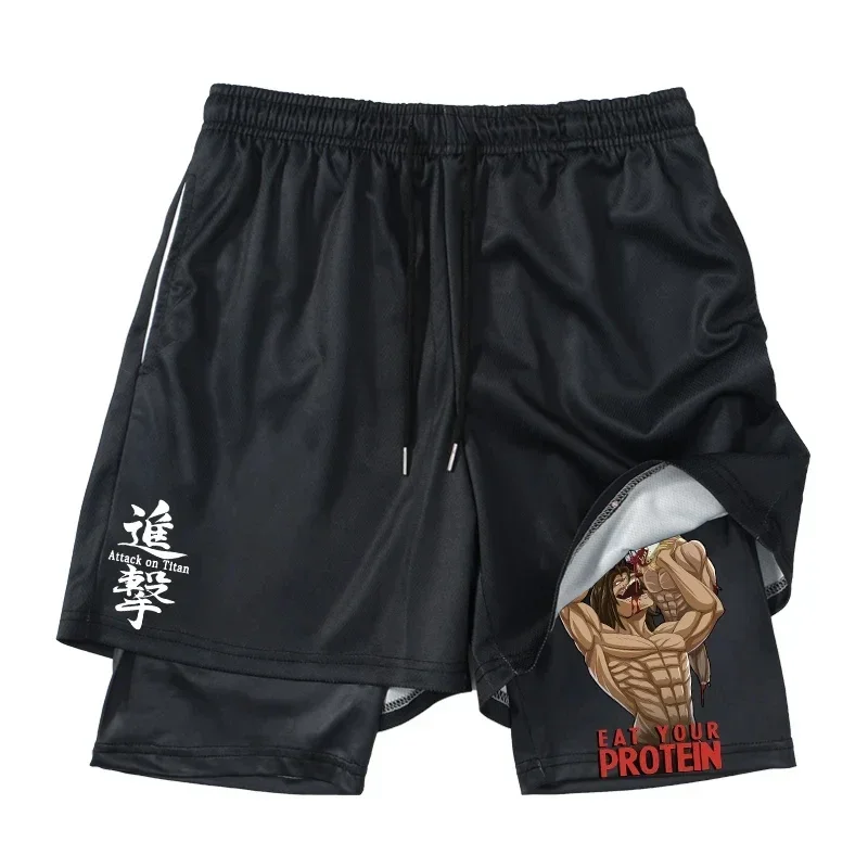 Anime Attack on Titan Pantaloncini da allenamento per palestra 2 in 1 da uomo Pantaloncini a compressione atletica elasticizzata ad asciugatura rapida Fitness Corsa da jogging