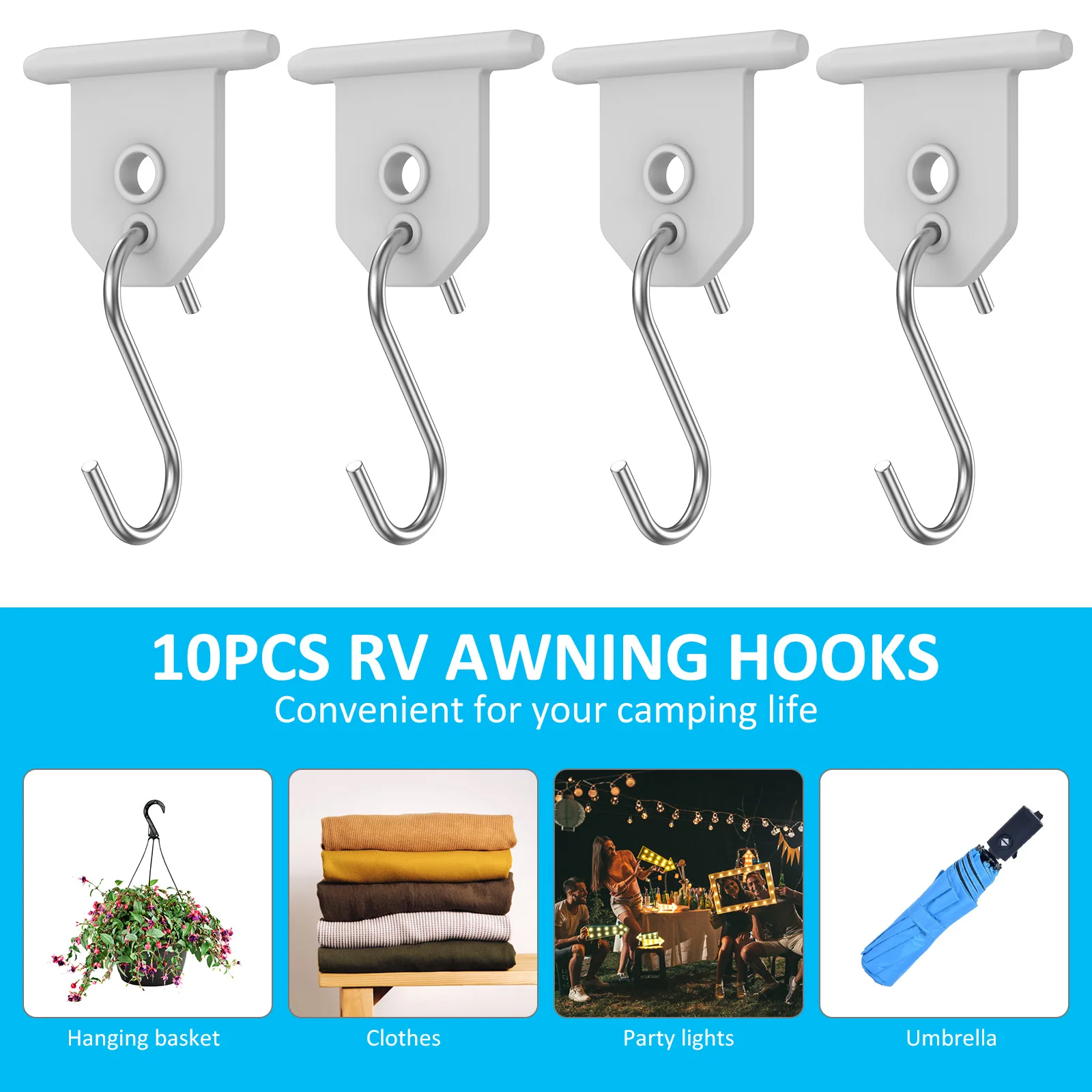 10Pcs Sturdy Awning Hooks for RV S Shaped Camping Awning Hooks Metal Party Light Hangers Hats Outdoor Camper Hanging Accessories