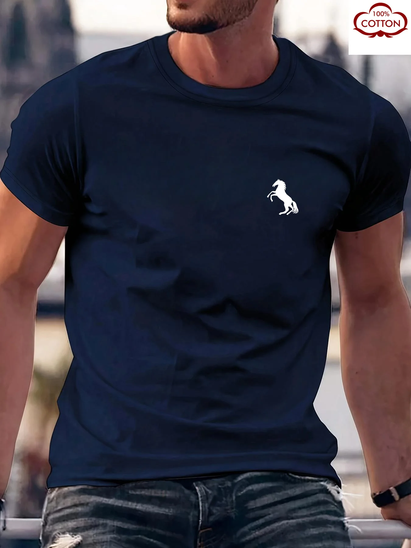 Summer men's 100% pure cotton casual fashion wide turquoise pattern printed round neck short sleeved T-shirt