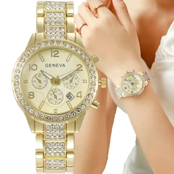 Luxury Brand Women's Watches Fashion Full Star Rhinestone Inlay Three Eyed Dial Metal Strap Roman Date Quartz Watch for Women