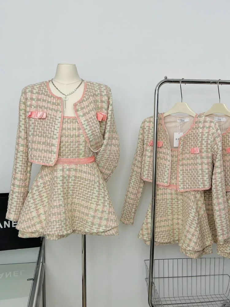 2022 Autumn New Tweed Skirt Set Ladies Korean Two-piece Suit Small Fragrant Cardigan Short Jacket + Suspender Mini Skirt Set