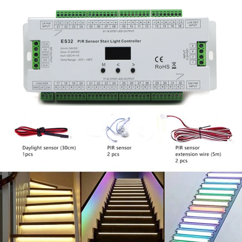 32CH ES32 PIR Sensor Stair Light Controller Human Body Infrared Inductive Switch Stair Lamp Control For single color Or SPI tape