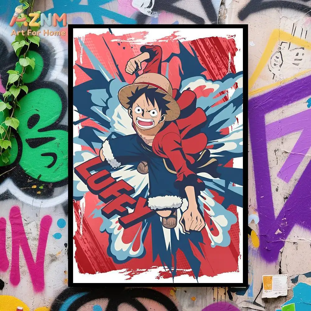 AZNM One Piece Anime Canvas Print Unframed Luffy Sanji Nami Robin Brook Jinbe Character Graffiti Wall Art Poster