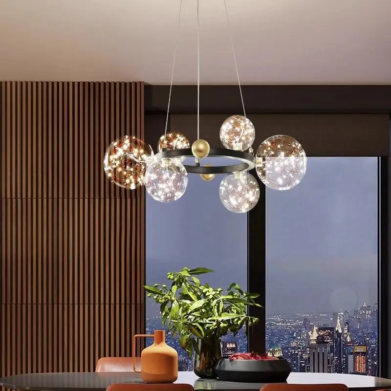 Nordic Restaurant LED Pendant Light Starry Sky Bedroom Living Room Lamp Creative Post Modern Gold Circle Chandelier Light