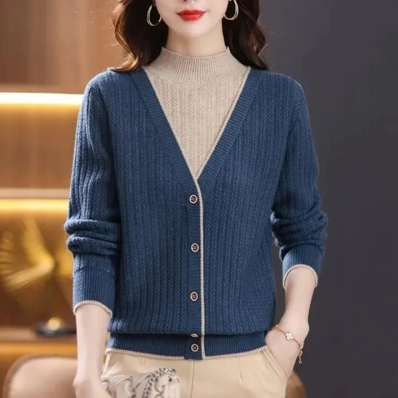 Korean Vintage Half High Collar Fake Two-piece V-neck Button Sweater Women Panelled Spring New Fashion Long Sleeved Knitted Top