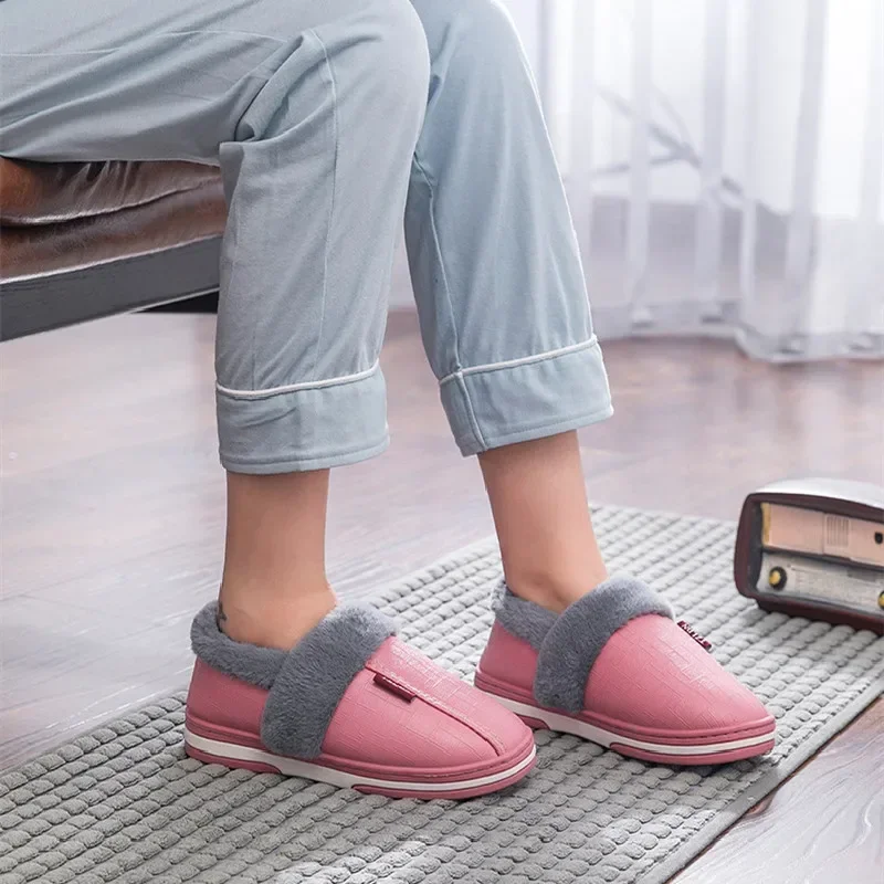 Big Size 50 51 Men Women Slippers Winter Warm Pu Leather Waterproof Slides Home Bedroom Casual Plush Shoes Non Slip Indoor Flats