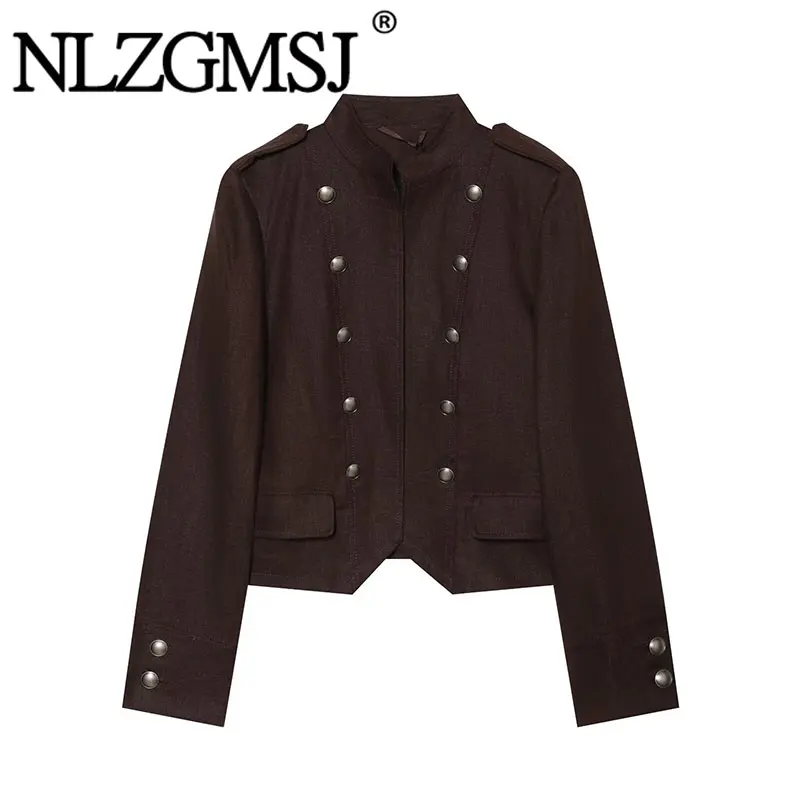 NLZGMSJ 2026 Autumn Vintage Women Jacket Stang Collar Buttons Slim Cropped Long Sleeve Short Coat