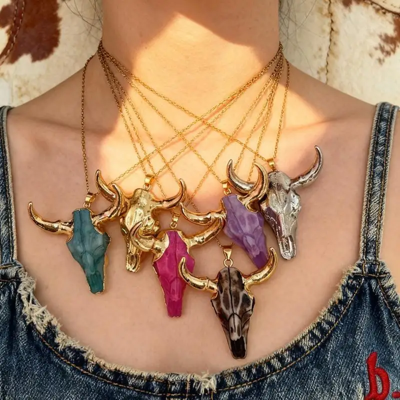 Western Bull Head Skull Pendant Necklace Women Vintage Long Gold Chain Bohemian Jewelry Gift