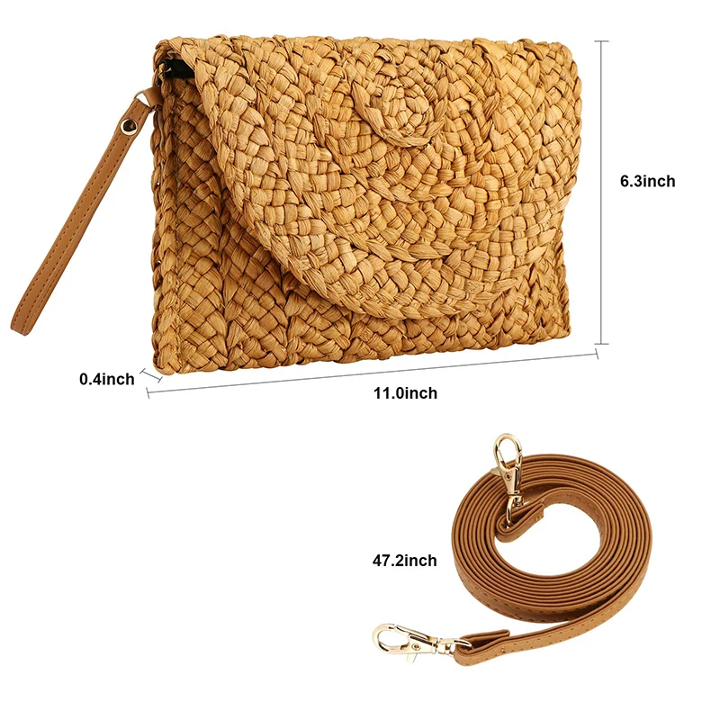 YYW Straw Envelope Clutch Handbag Women Summer Crossbody Straw Bag with Strap Casual Handmade Woven Rattan Lady Purse Wallets